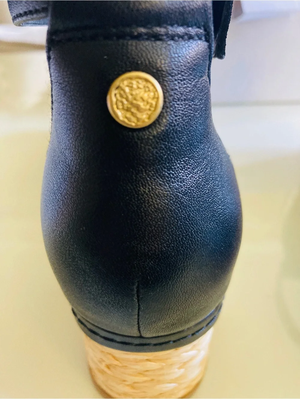 Vince Camuto Black Leather Ankle-Strap Wedge Sandals with Gold Buckles